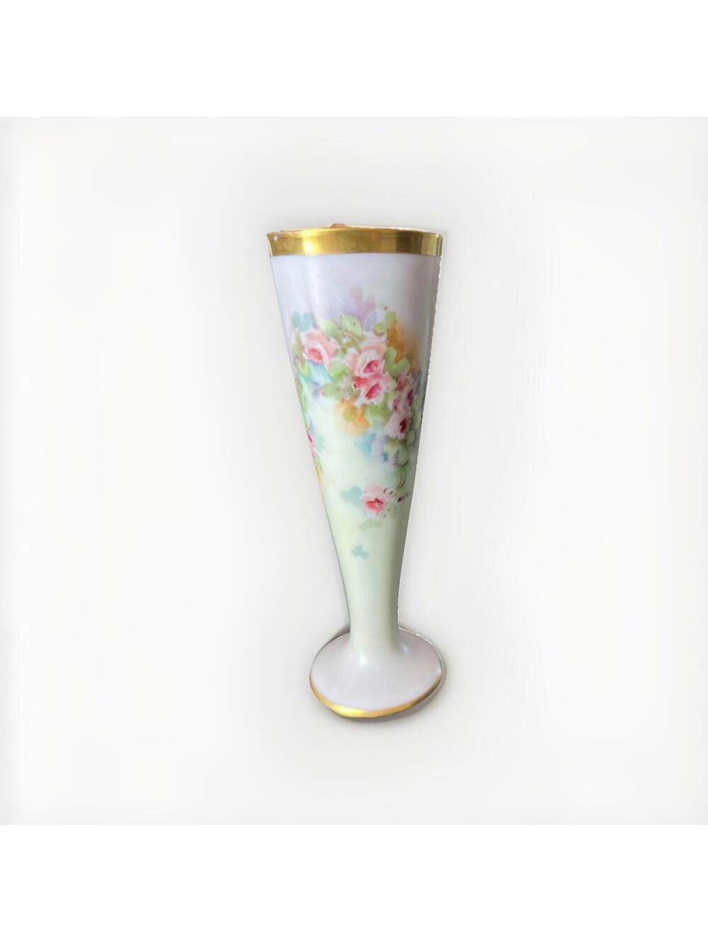 O & E.G. Royal Austria 6” Hand Painted Gold Trim Flower Bud Vase Artist Signed